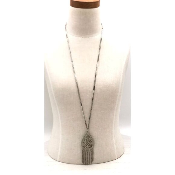 Vintage Silver tone Teardrop Filigree Pendant Necklace With Chain Fringe - Picture 7 of 8